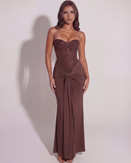 Ravena | Vestido largo con corsé de pedrería en Chocolate