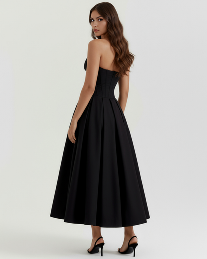 Eliora | Vestido midi strapless de falda amplia en Negro