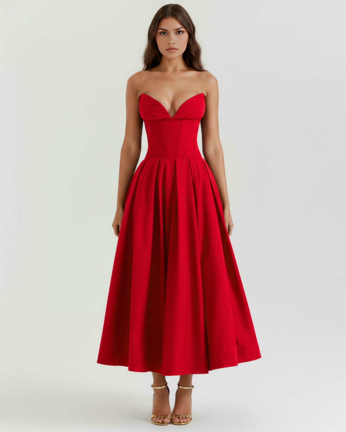 Eliora | Vestido midi strapless de falda amplia en Rojo