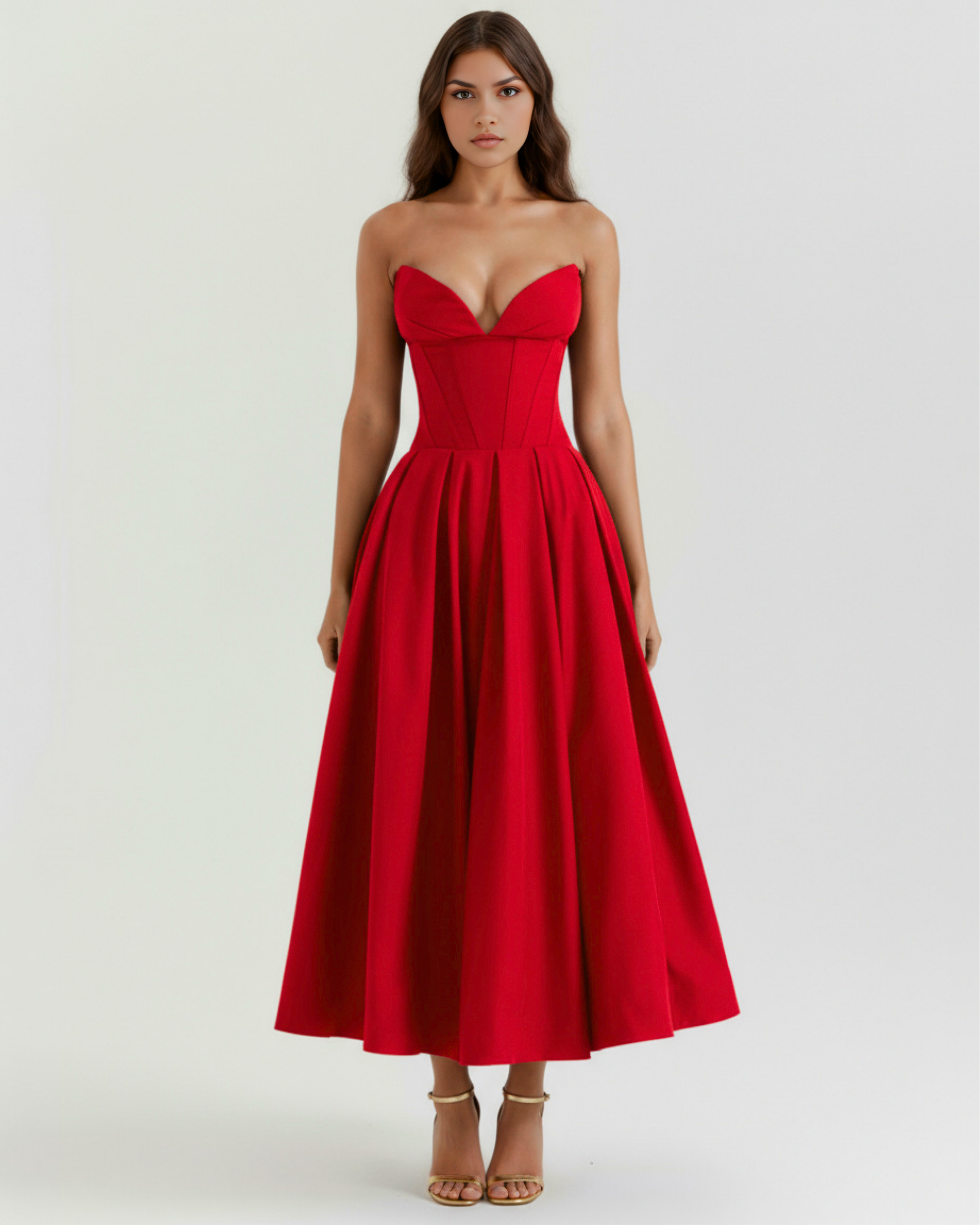 Eliora | Vestido midi strapless de falda amplia en Rojo