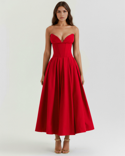 Eliora | Vestido midi strapless de falda amplia en Rojo