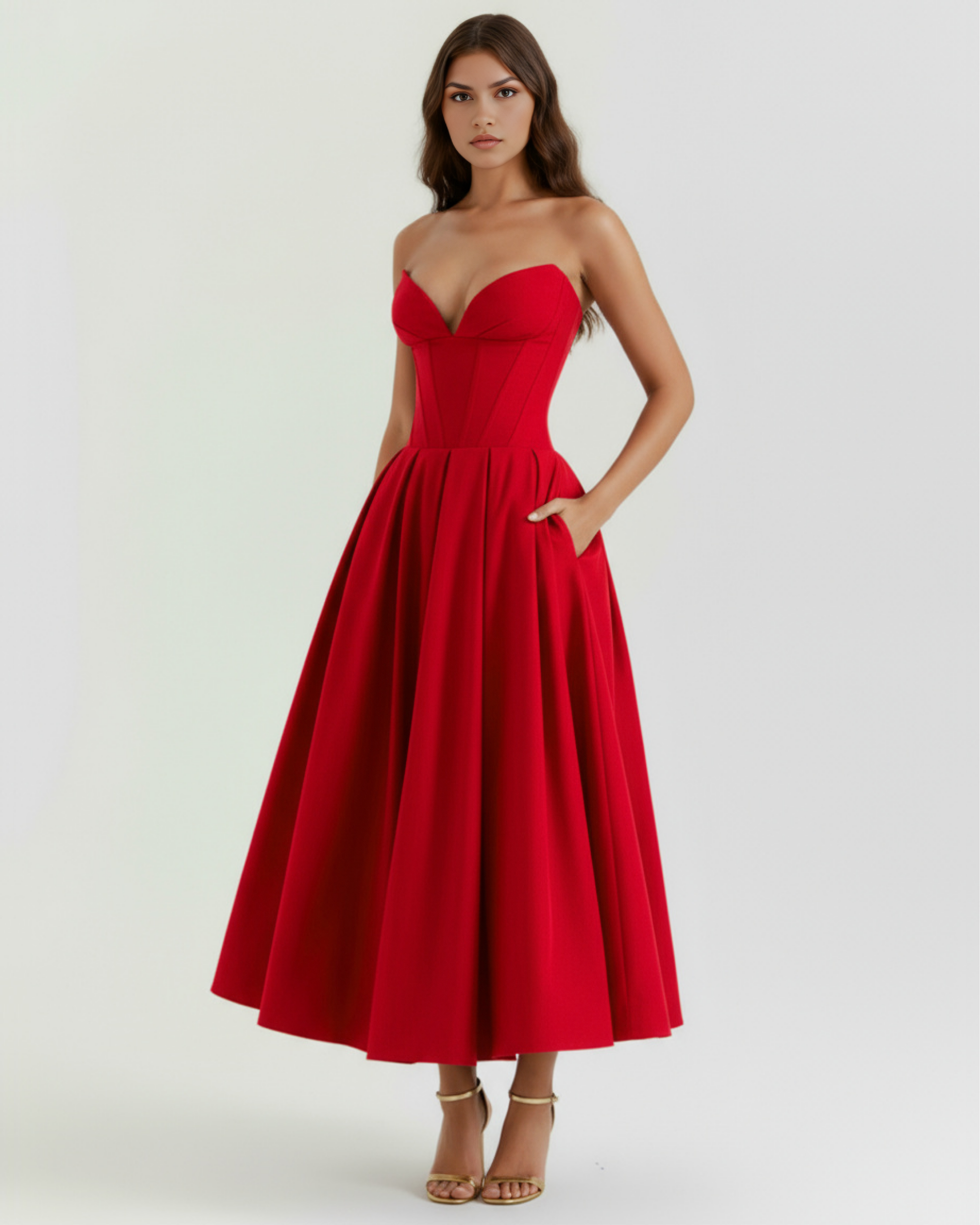 Eliora | Vestido midi strapless de falda amplia en Rojo