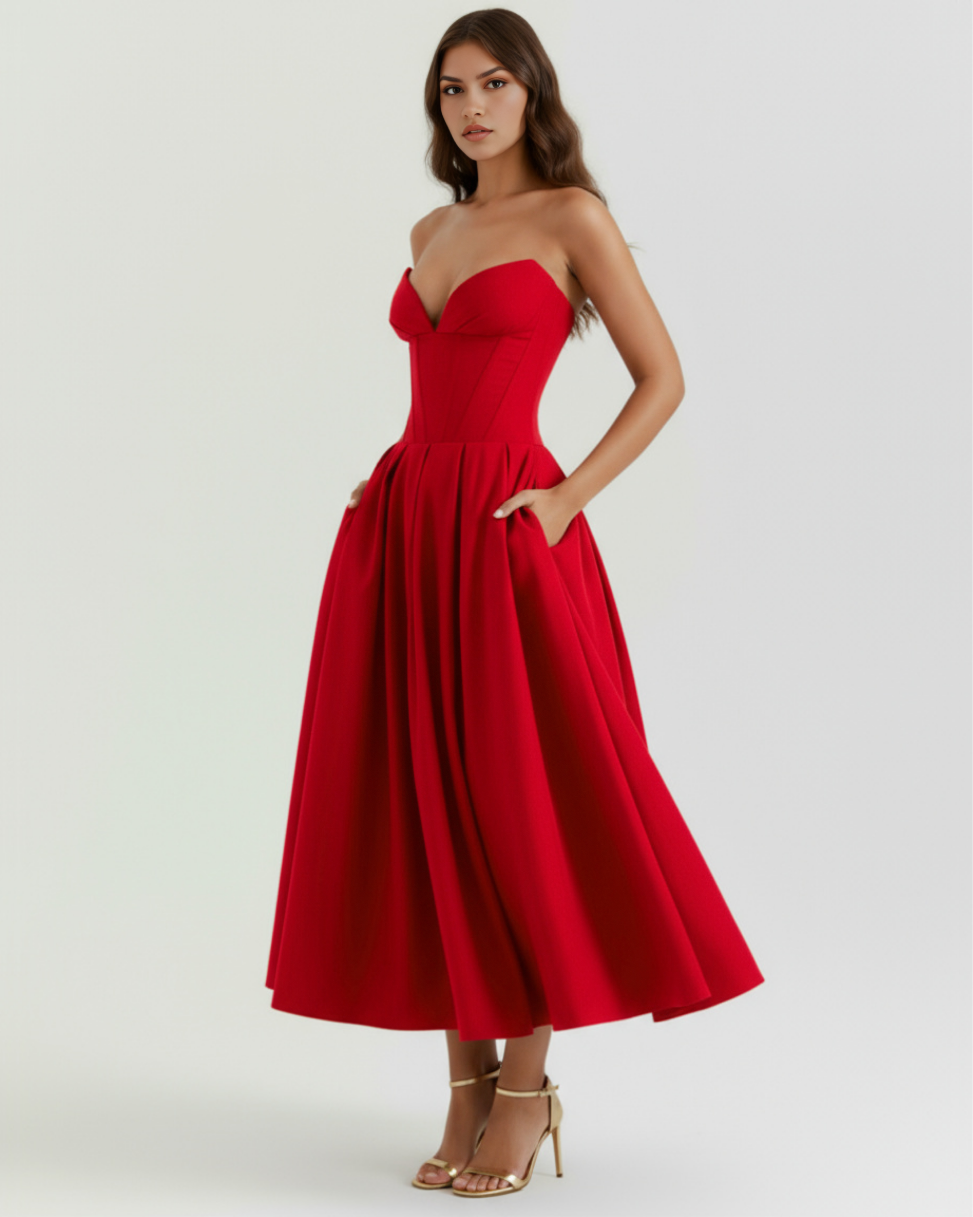 Eliora | Vestido midi strapless de falda amplia en Rojo