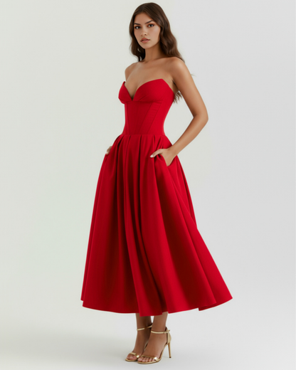 Eliora | Vestido midi strapless de falda amplia en Rojo