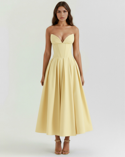 Eliora | Vestido midi strapless de falda amplia en Negro