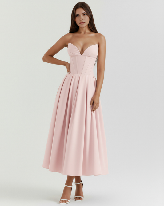 Eliora | Vestido midi strapless de falda amplia en Rojo