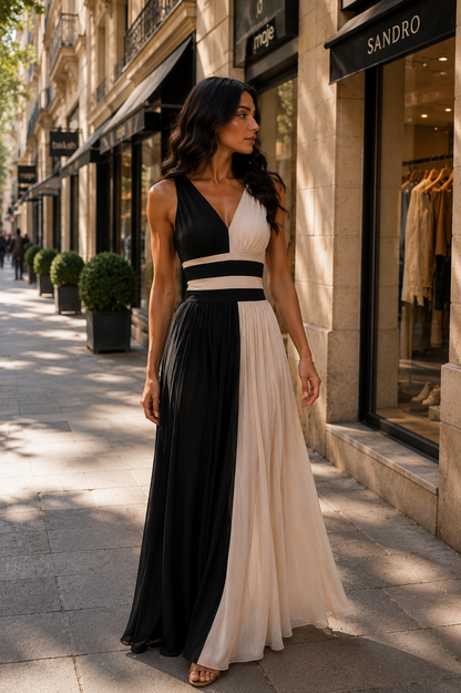 Avelina | Vestido largo bicolor con escote en V