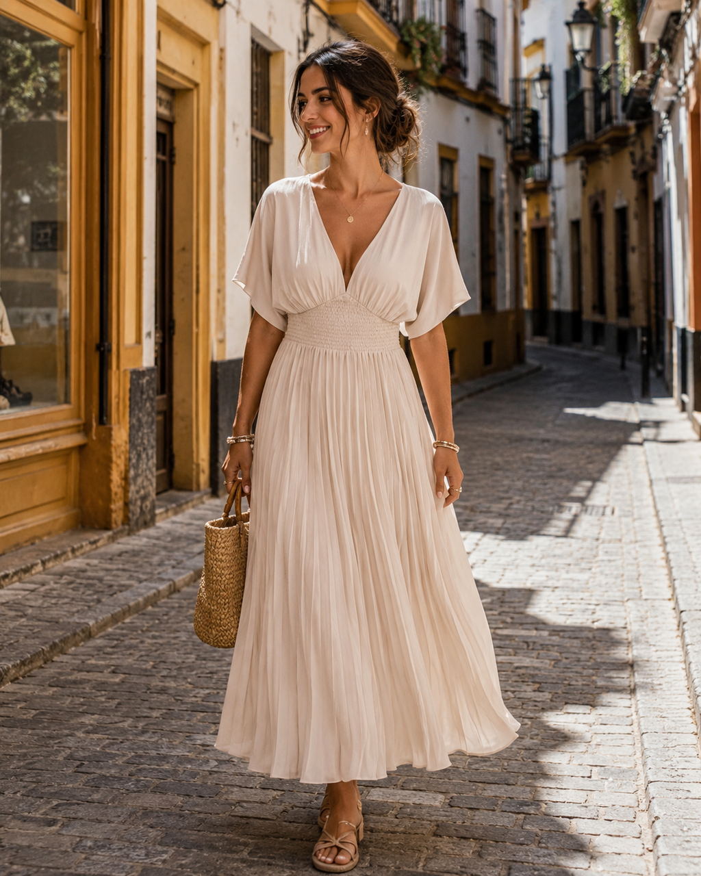 Marfil Plisado | Vestido Maxi Cruzado de Manga Corta