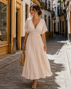 Marfil Plisado | Vestido Maxi Cruzado de Manga Corta