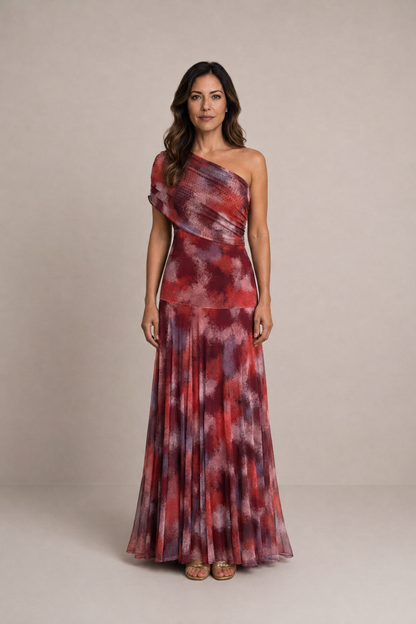 Flora | Vestido largo de hombro caído con estampado acuarela