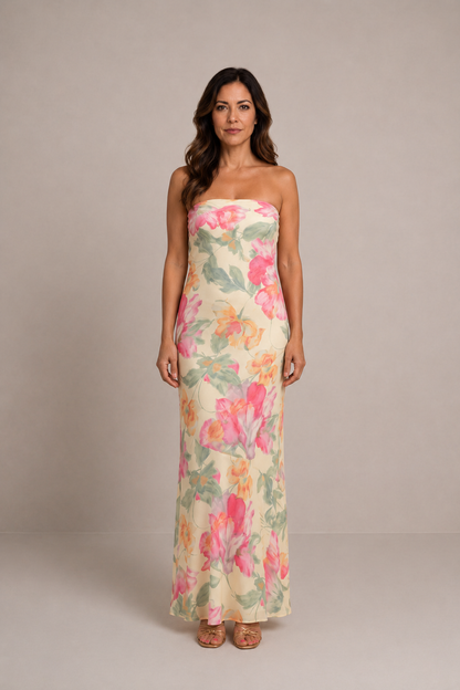 Capri | Vestido largo palabra de honor floral acuarela
