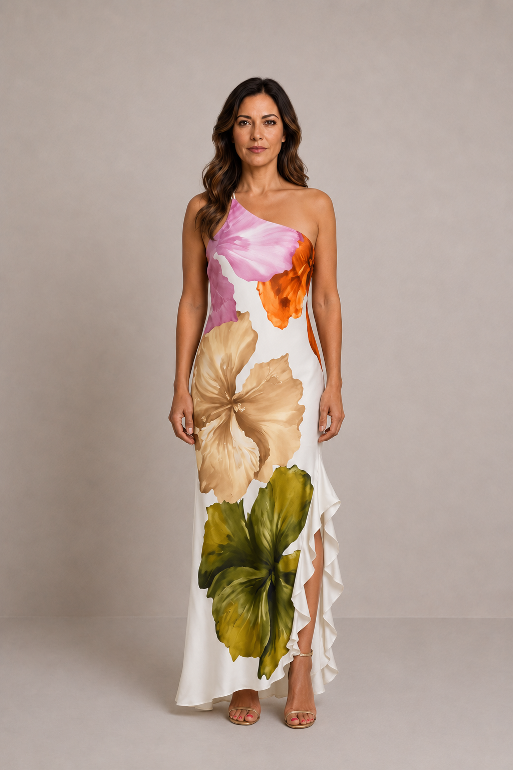 Mónica | Vestido midi asimétrico con hombro descubierto