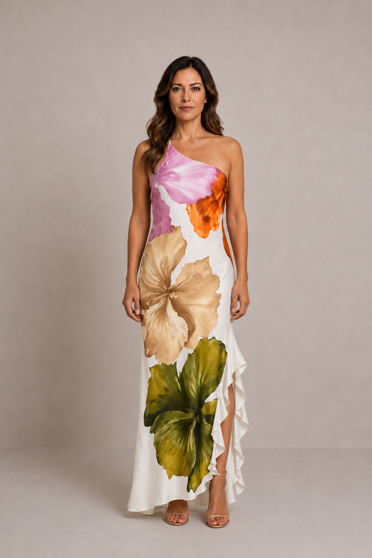 Mónica | Vestido midi asimétrico con hombro descubierto