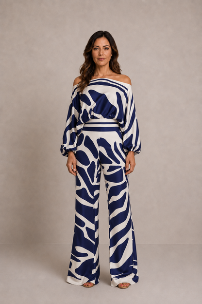 Grecia | Conjunto estampado de blusa y pantalón palazzo
