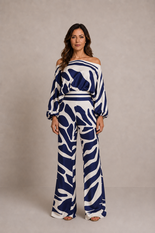 Grecia | Conjunto estampado de blusa y pantalón palazzo
