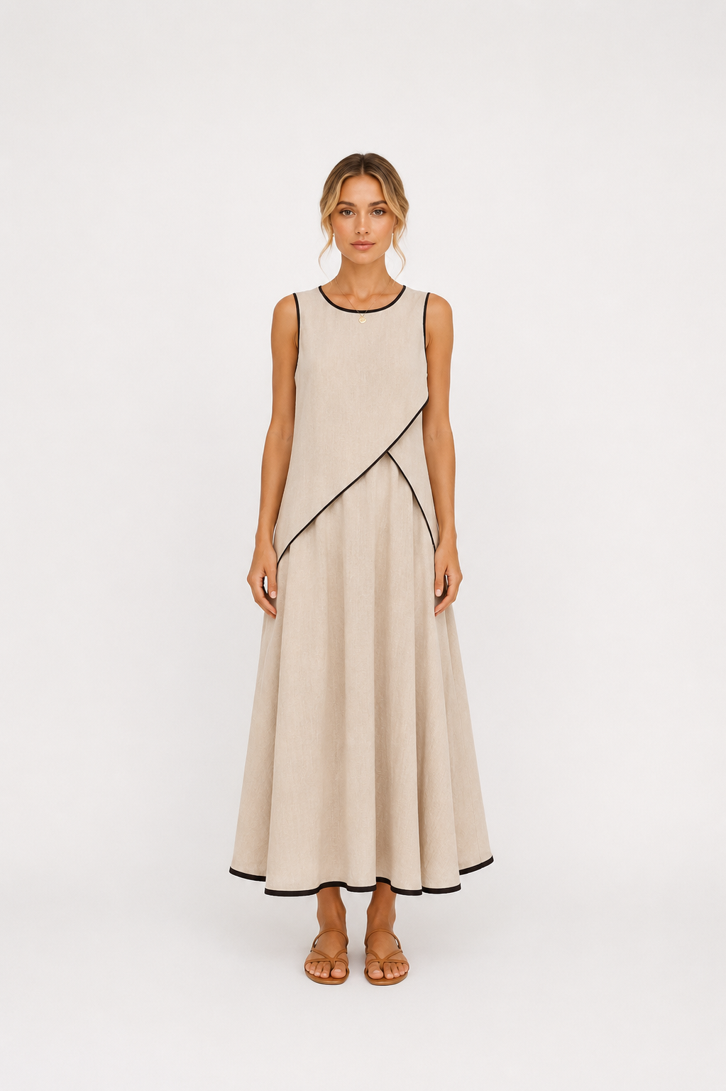 Santorini | Vestido Maxi Sin Mangas con Ribete en Contraste