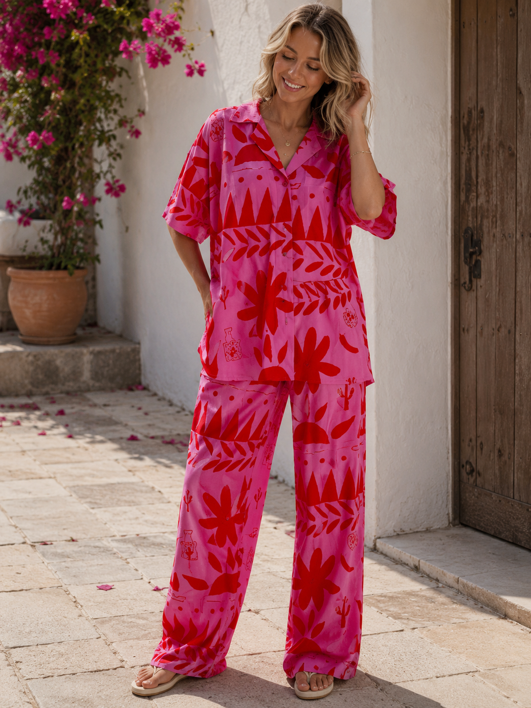 Valeria | Conjunto Satinado Fucsia de Camisa y Pantalón