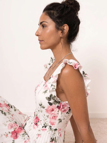 Rosalía | Vestido midi floral plisado con volantes