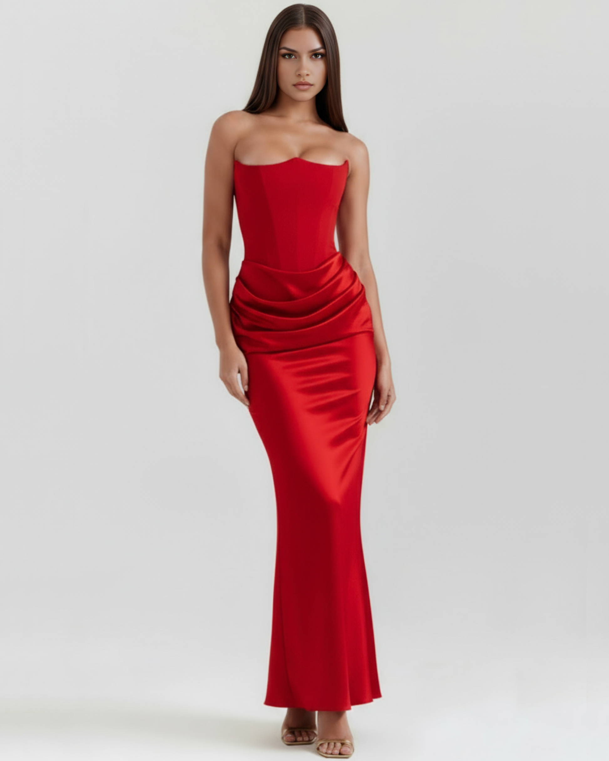Nives | Vestido largo strapless de crepé satinado en Rojo