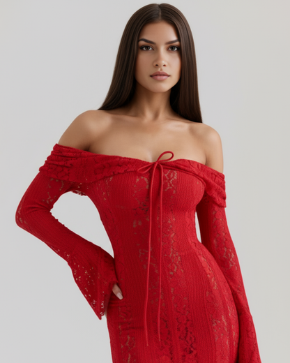 Corinna | Vestido largo de encaje con escote bardot en Rojo
