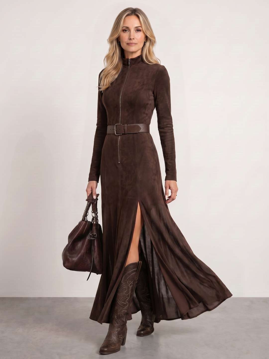 Marsella | Vestido largo de antelina con cinturón