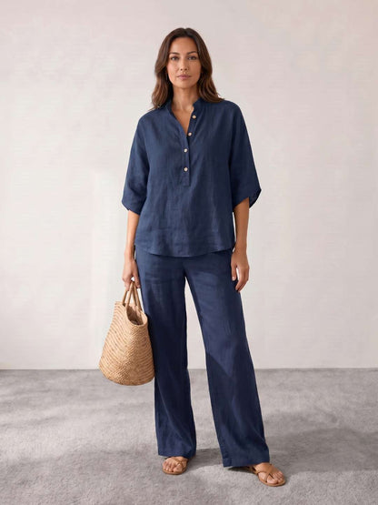 Maribel | Conjunto de lino con mangas murciélago y pantalón ancho