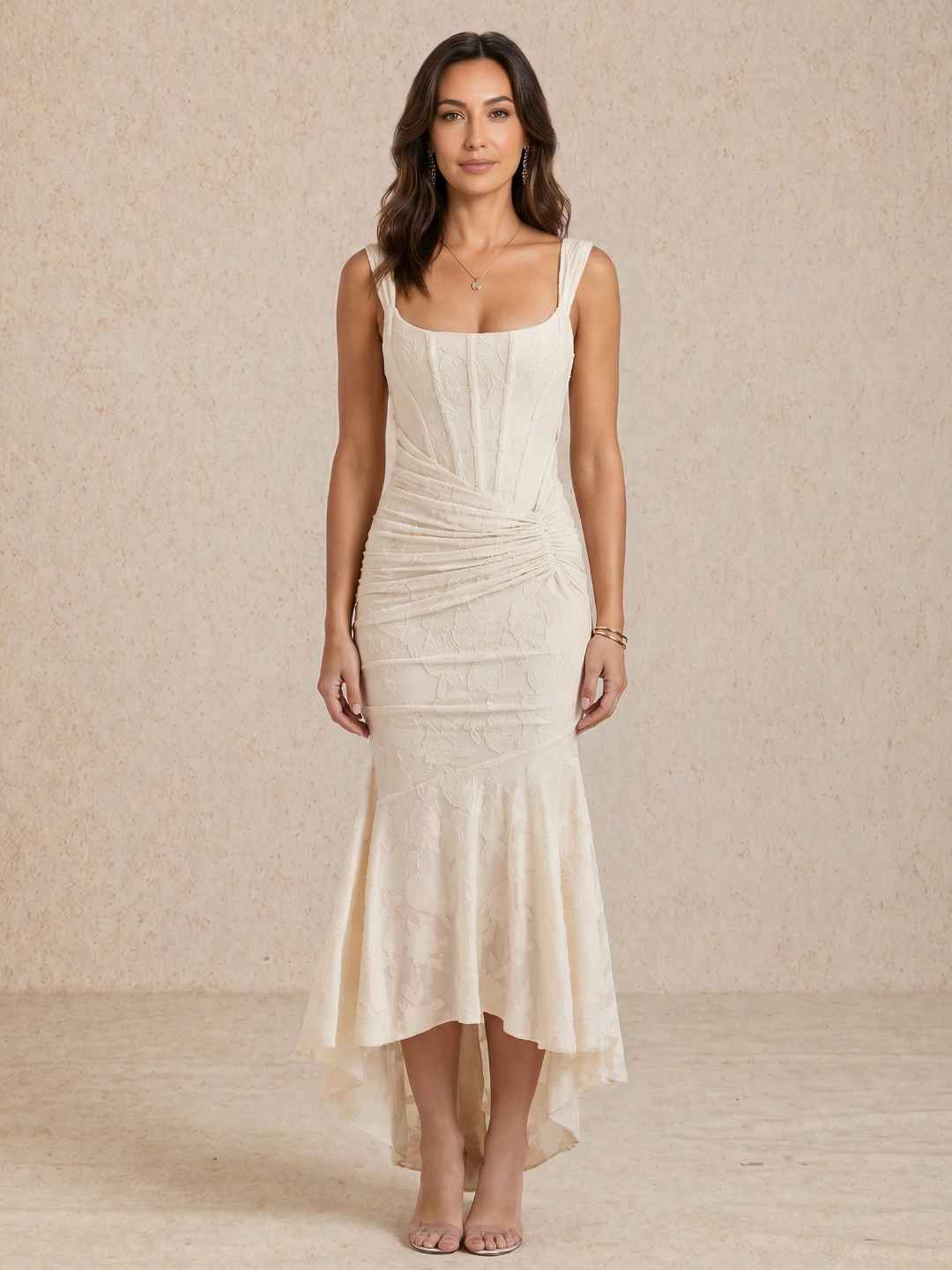 Elisa | Vestido midi drapeado con escote cuadrado