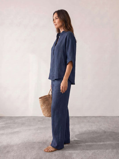 Maribel | Conjunto de lino con mangas murciélago y pantalón ancho