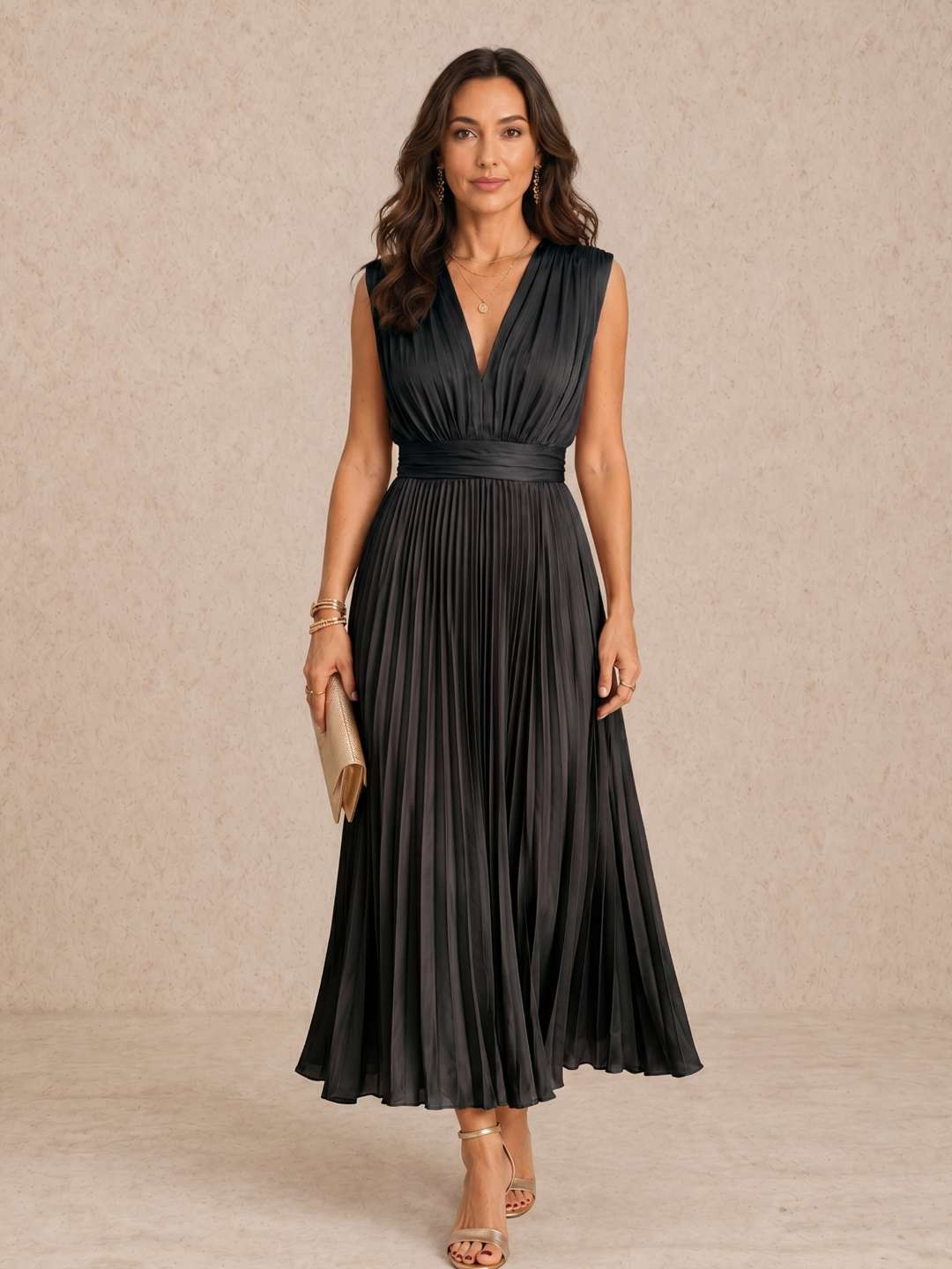 Aurelia | Vestido midi plisado con escote en V