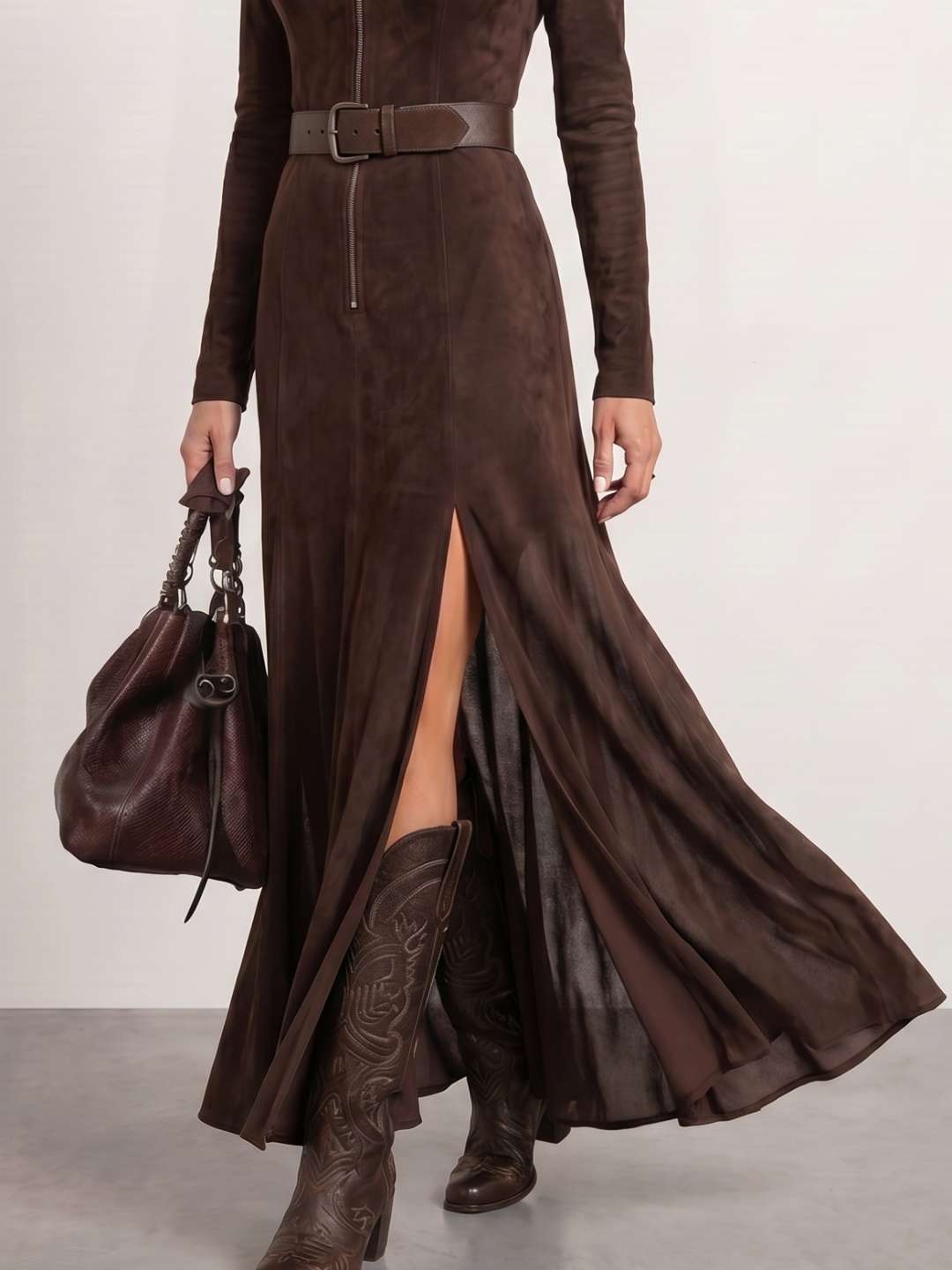 Marsella | Vestido largo de antelina con cinturón