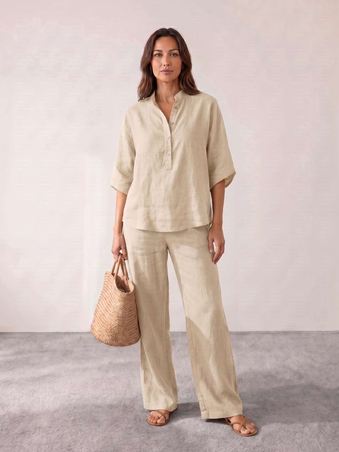 Maribel | Conjunto de lino con mangas murciélago y pantalón ancho