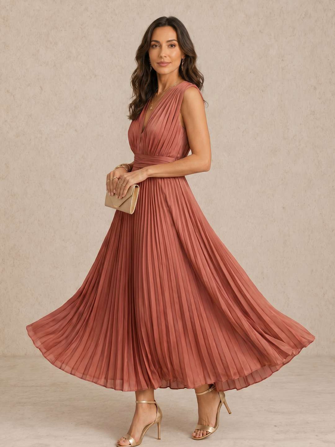 Aurelia | Vestido midi plisado con escote en V