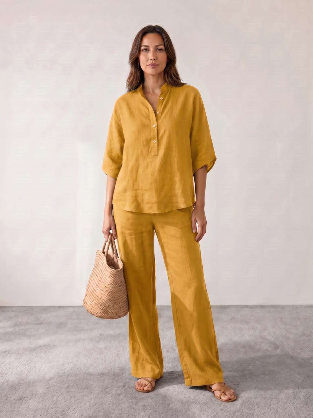 Maribel | Conjunto de lino con mangas murciélago y pantalón ancho