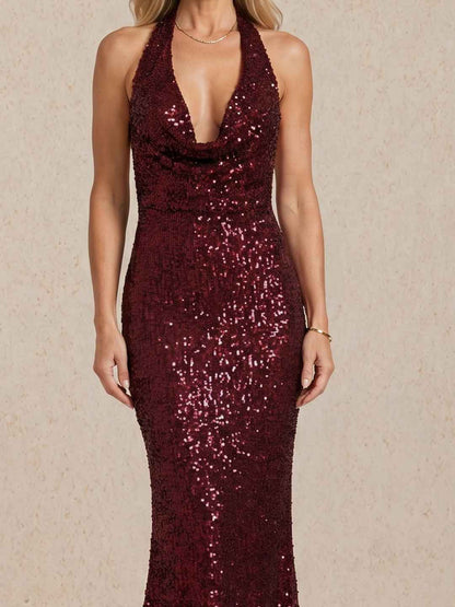 Stellara | Vestido largo de lentejuelas con escote halter