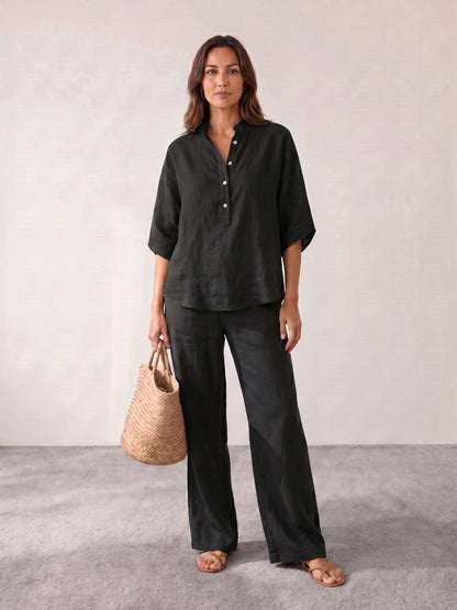 Maribel | Conjunto de lino con mangas murciélago y pantalón ancho