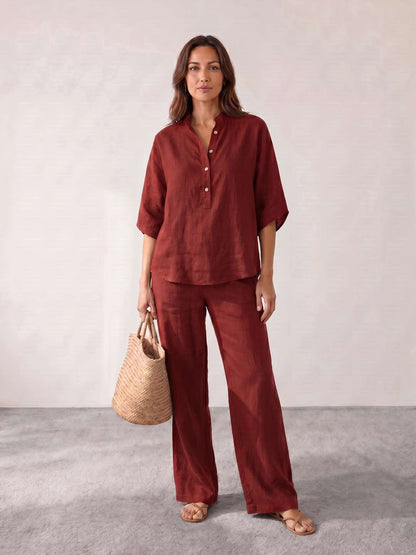 Maribel | Conjunto de lino con mangas murciélago y pantalón ancho