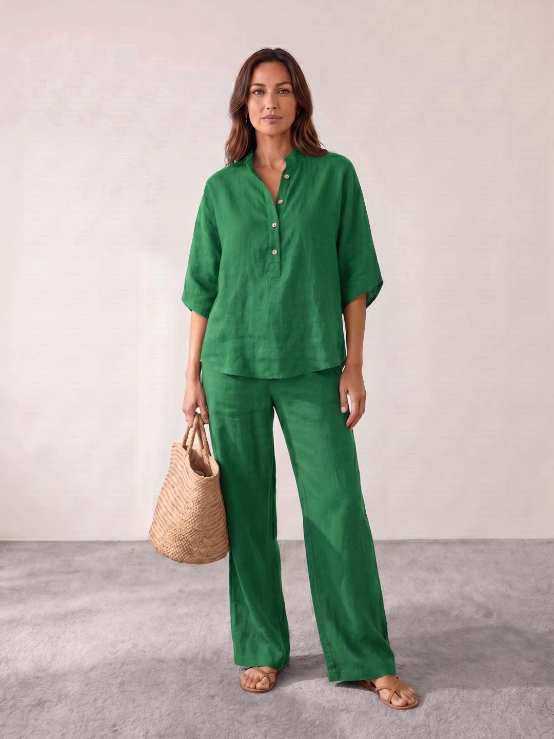 Maribel | Conjunto de lino con mangas murciélago y pantalón ancho