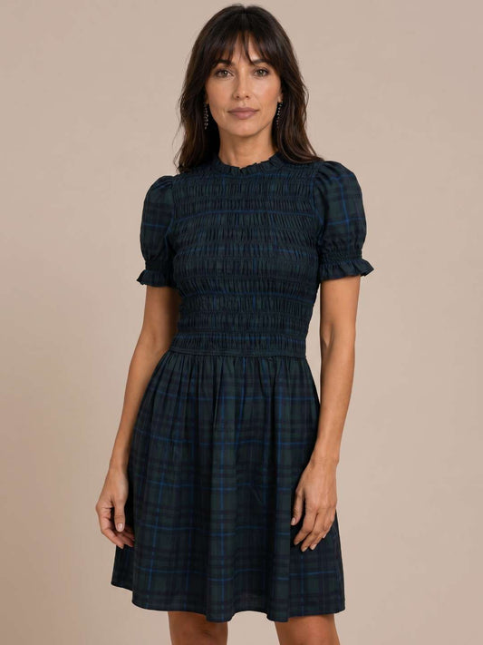 Elena | Vestido corto de cuadros con mangas abullonadas