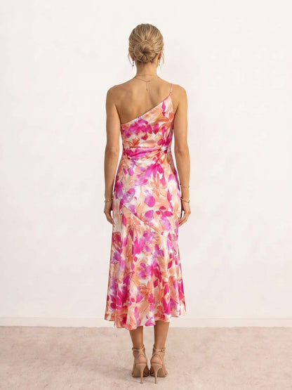 Indira | Vestido midi estampado con escote asimétrico