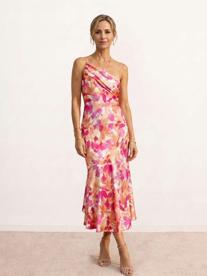 Indira | Vestido midi estampado con escote asimétrico
