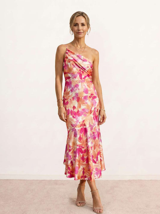 Indira | Vestido midi estampado con escote asimétrico