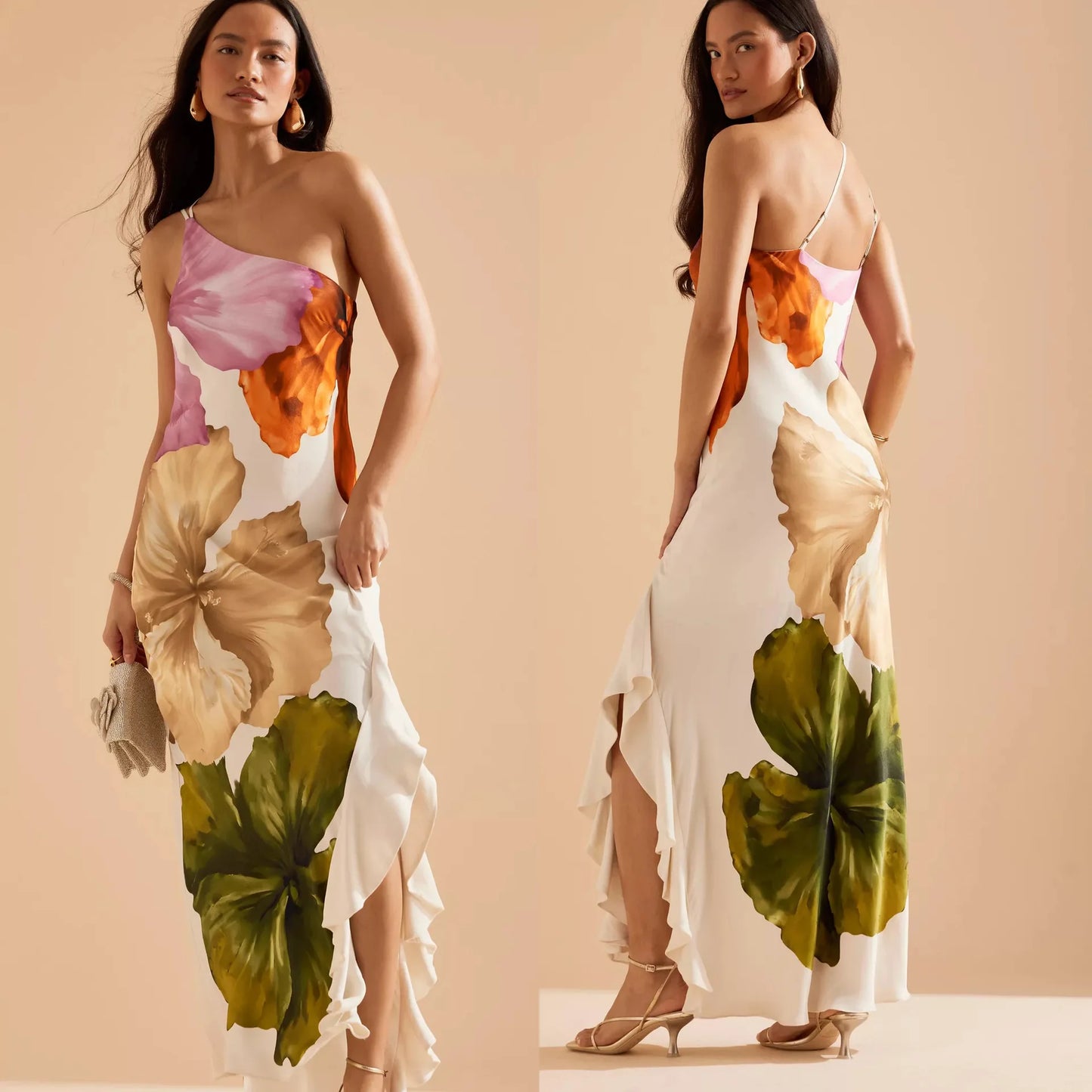Mónica | Vestido midi asimétrico con hombro descubierto