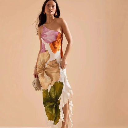 Mónica | Vestido midi asimétrico con hombro descubierto