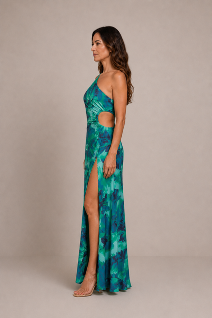 Celeste | Vestido largo estampado con escote asimétrico