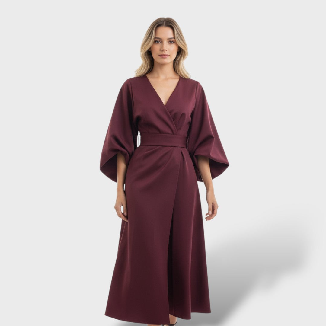 Fiorella | Vestido largo con mangas farol y cinturón