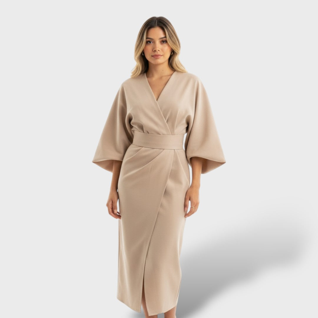 Fiorella | Vestido largo con mangas farol y cinturón