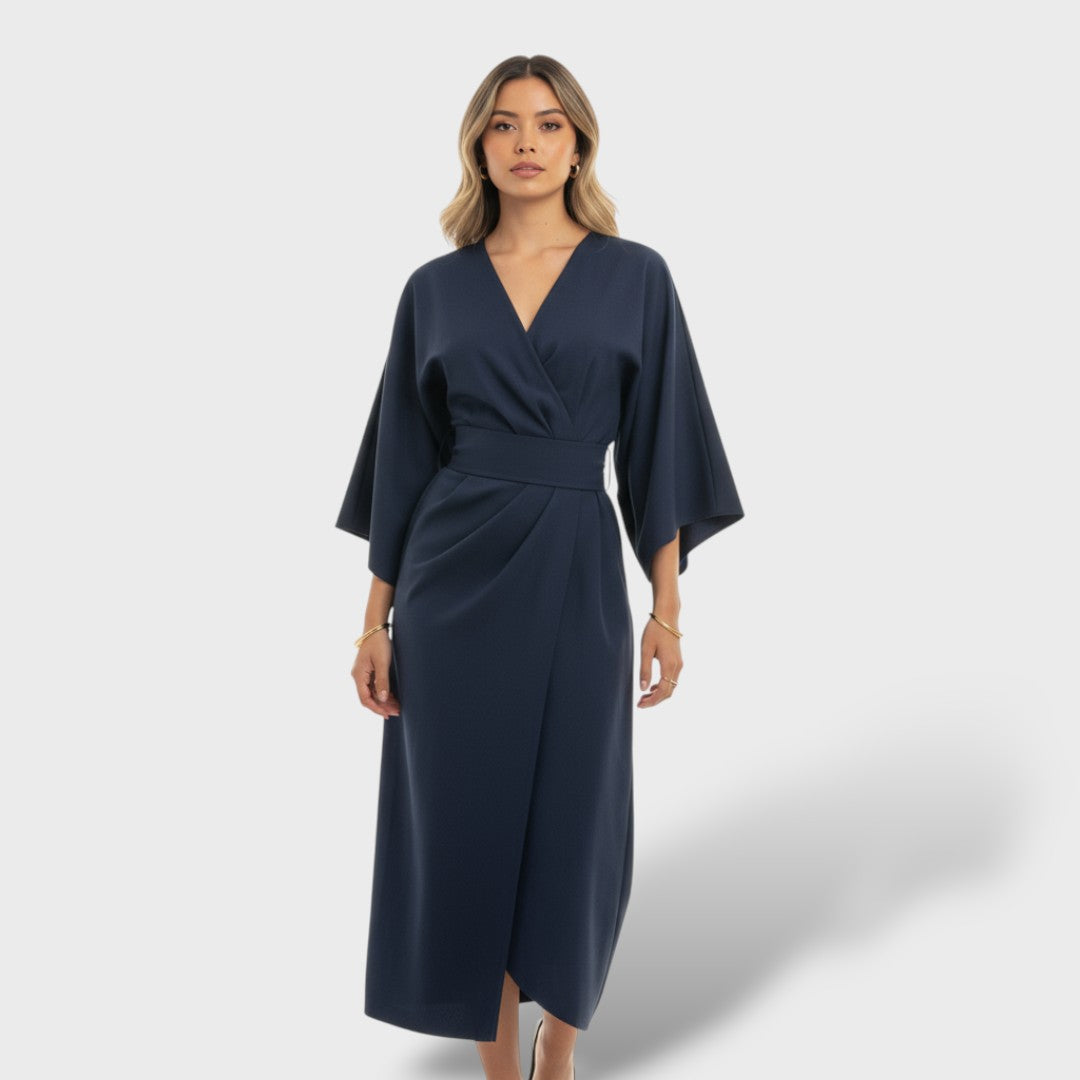 Fiorella | Vestido largo con mangas farol y cinturón