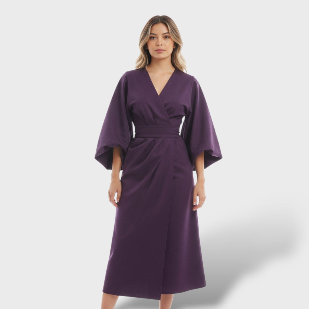 Fiorella | Vestido largo con mangas farol y cinturón