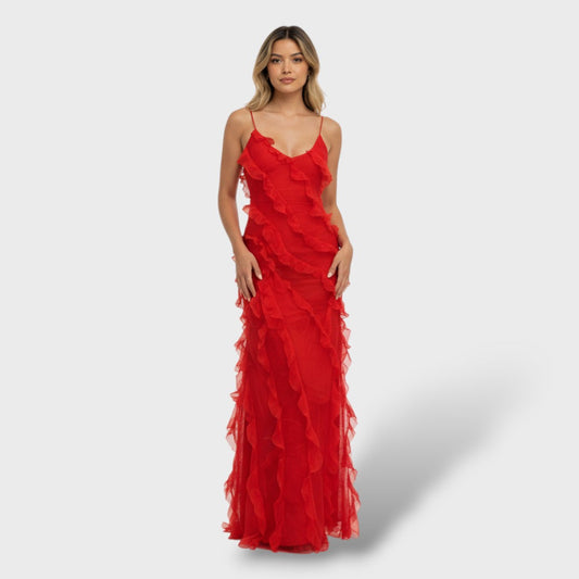Juliette | Vestido largo de gasa con volantes y espalda abierta
