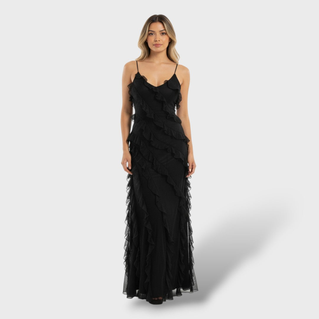 Juliette | Vestido largo de gasa con volantes y espalda abierta